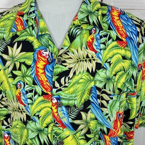 Pineapple Connection Tropical Parrots Hawaiian Camp Shirt Black Green Large - Picture 5 of 10